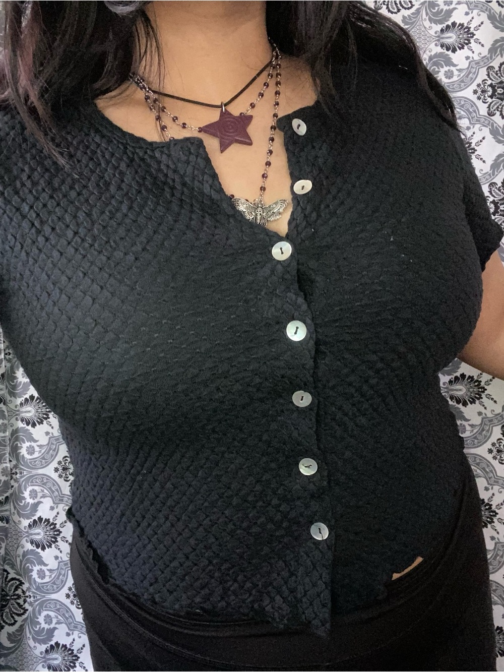 Women's Black Textured Button-Front Top